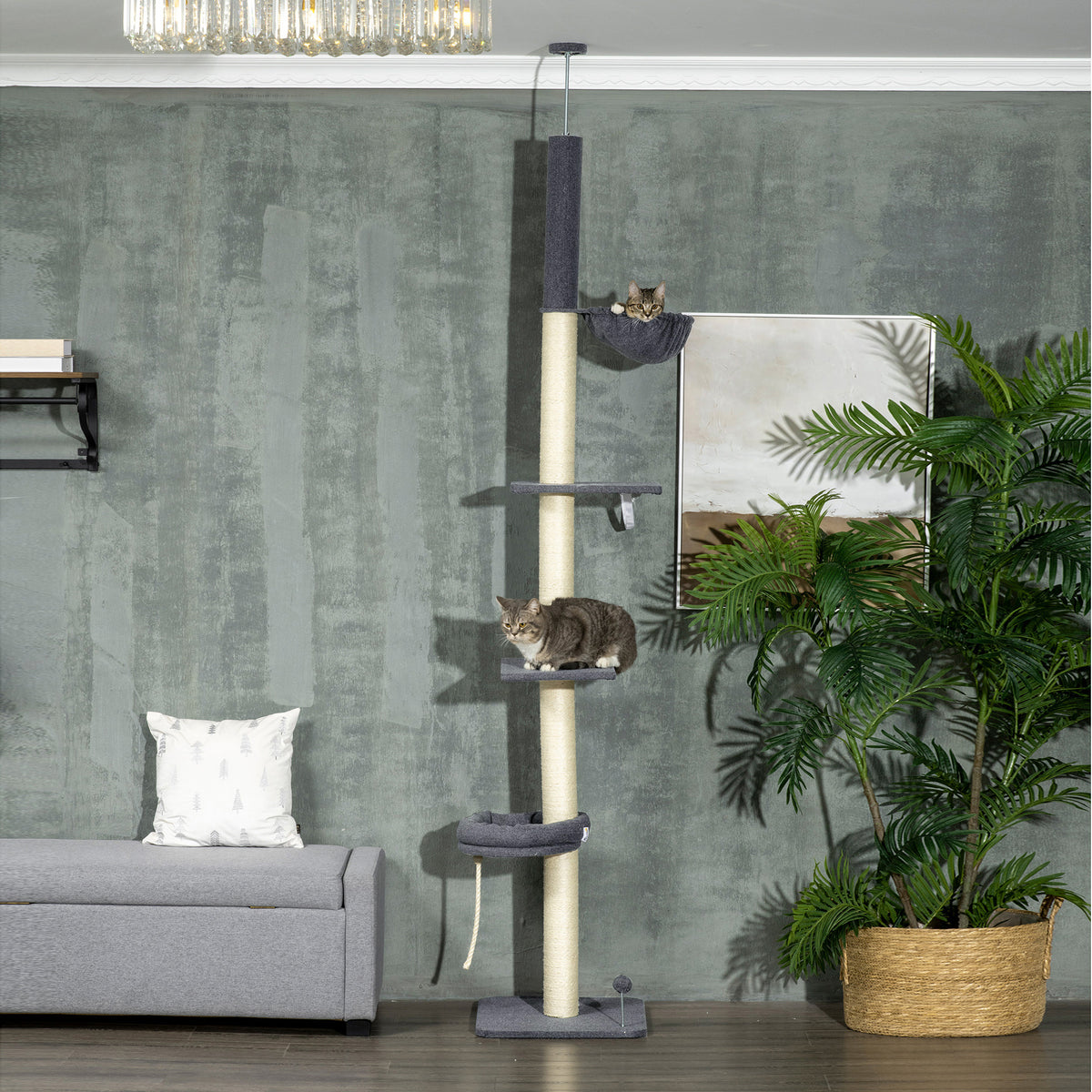 240-270cm Floor-To-Ceiling Cat Tree, 5 Tier Cat Climbing Tower, with Bed, Hammock, Platforms, Dark Grey and Cream