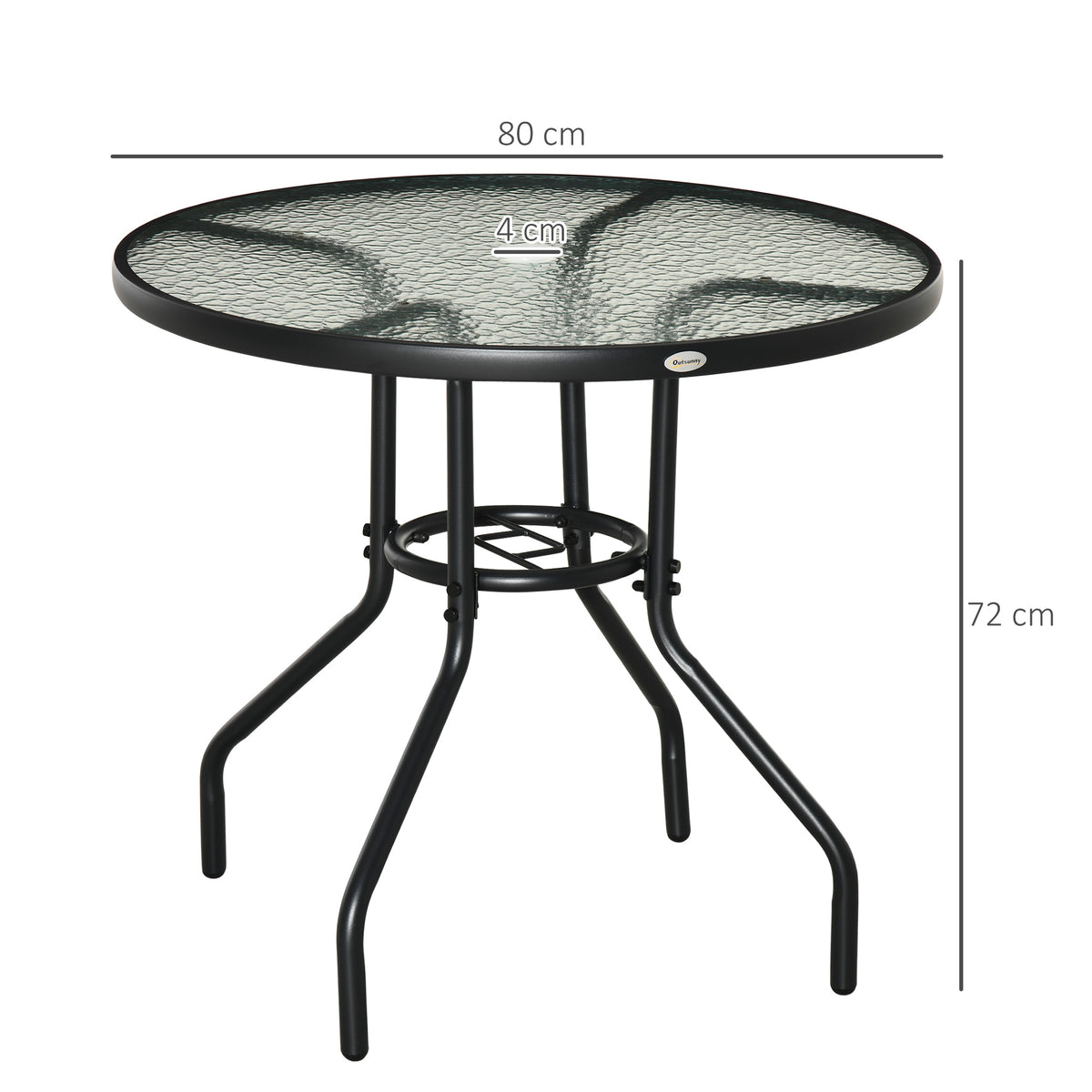 Outdoor φ80cm Round Dining Table Tempered Glass Top Steel Frame Bistro Coffee End Side Table Garden w/ Parasol Hole