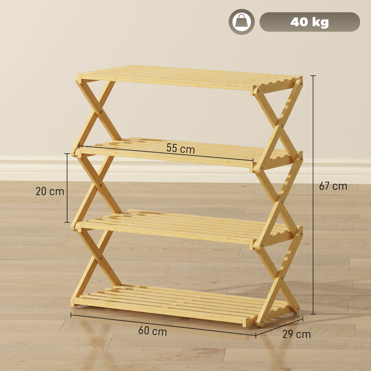 Four-Tier Folding Bamboo Shoe Rack - Natural Finish