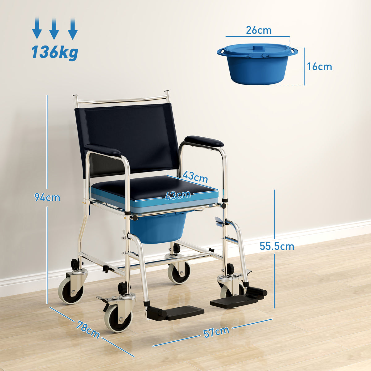 3-In-1 Commode Wheelchair - Black