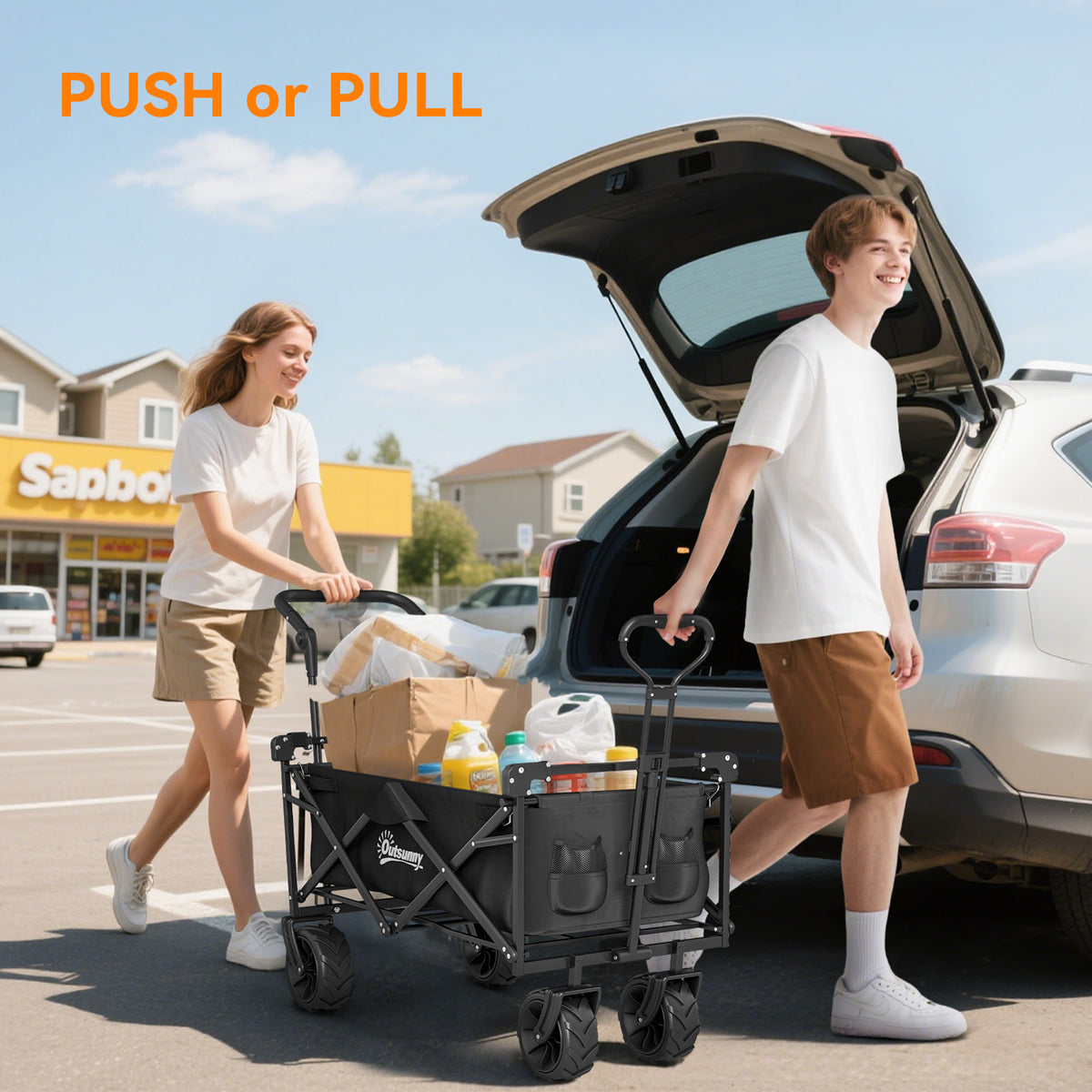 180L Festival Trolley on Wheels, Push & Pull Beach Cart with Removable Canopy, Wide All-Terrain Wheels, Folding Camping Trolley Cart, Adjustable Handle for Garden Fishing Shopping