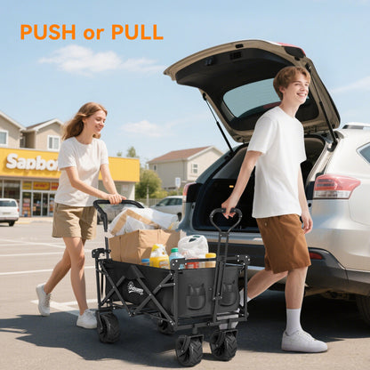 180L Festival Trolley on Wheels, Push & Pull Beach Cart with Removable Canopy, Wide All-Terrain Wheels, Folding Camping Trolley Cart, Adjustable Handle for Garden Fishing Shopping