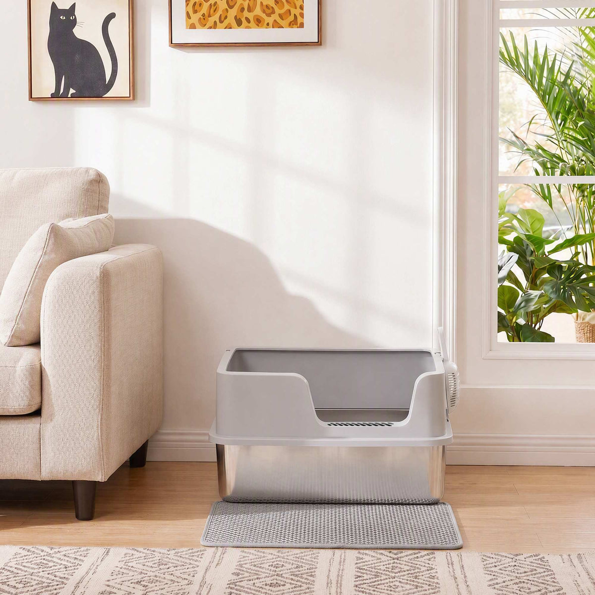 XL Stainless Steel Cat Litter Tray with Lid, High Sided Cat Litter Box with Scoop and Mat, Light Grey