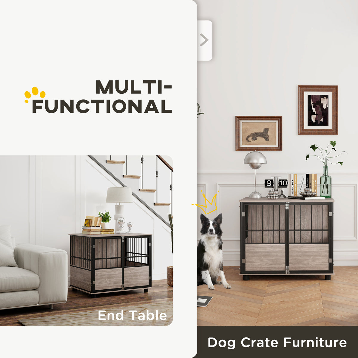 80cm Furniture Style Dog Crate Dog Cage End Table Indoor with 3 Doors Soft Washable Cushion, for Medium Sized Dogs