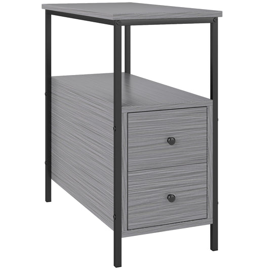 Side Table, Narrow Bedside Table with 2 Drawers and Storage Shelf, Industrial End Table with Metal Frame for Small Spaces, Grey Wood Grain