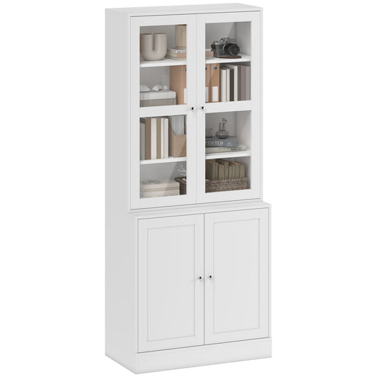 Modern Bookcase with Glass Doors, Display Storage Cabinet with Adjustable Shelves for Living Room, Study, Home Office, Kitchen Cupboard with Small Open Counter, White