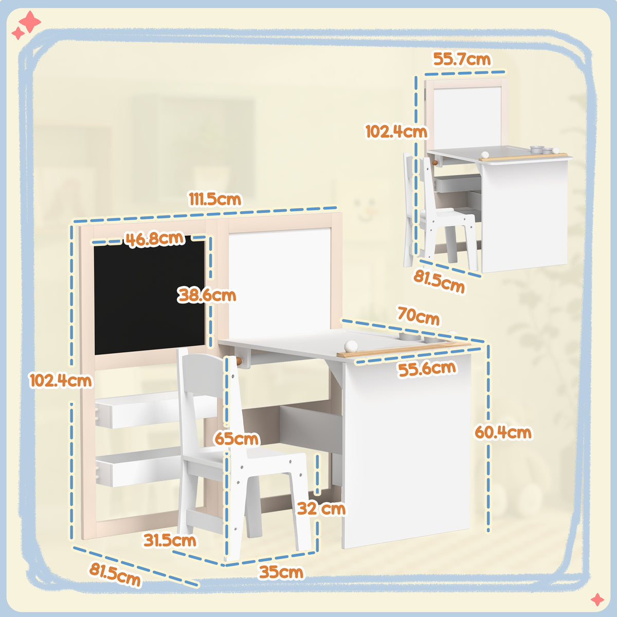 3 in 1 Kids Table and Chair Set with Storage, Whiteboard, Blackboard & Roll Paper for 3-8 Years, White