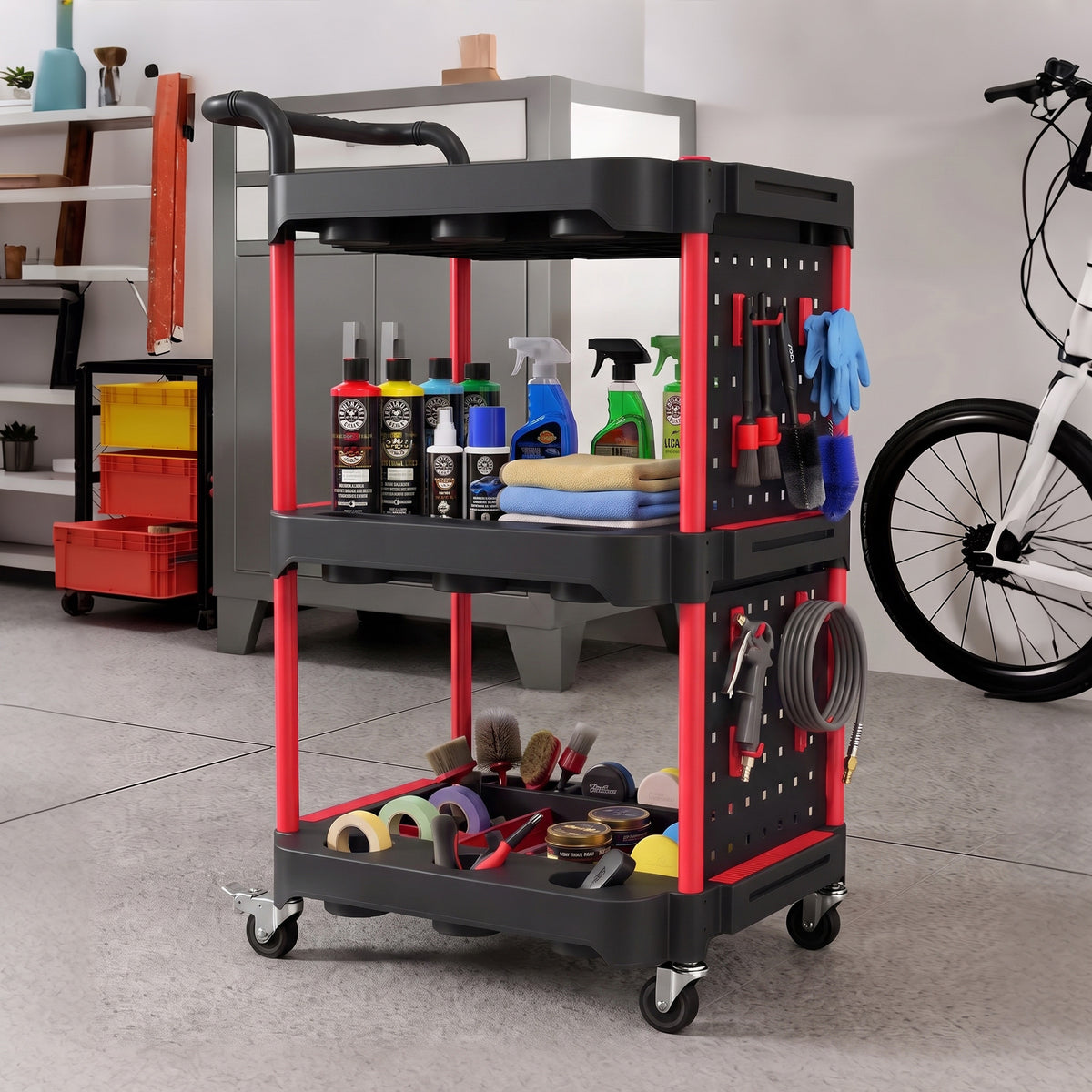 3-Tier Rolling Tool Cart with Pegboard and Hooks, Storage Trolley Wheel Cart with Brakes, Black & Red