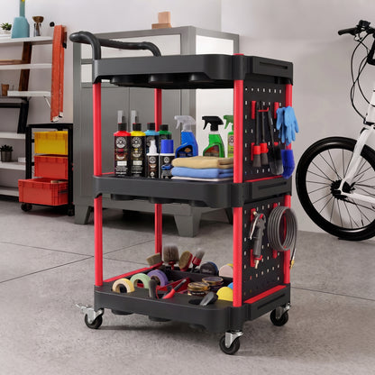 3-Tier Rolling Tool Cart with Pegboard and Hooks, Storage Trolley Wheel Cart with Brakes, Black & Red