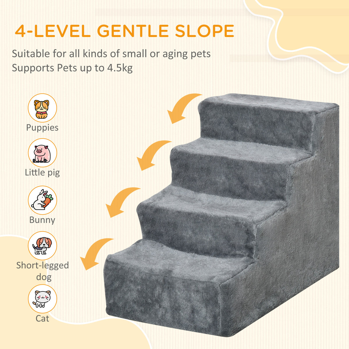 Four-Step Dog Stairs, with Washable Plush Cover, for High Bed Sofa, Dog Stairs for Small Dog and Cat - Light Grey
