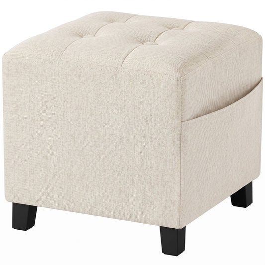 Small Ottoman, Square Footstool with Side Pocket, Rubber Wood Legs and Padded Seat for Living Room