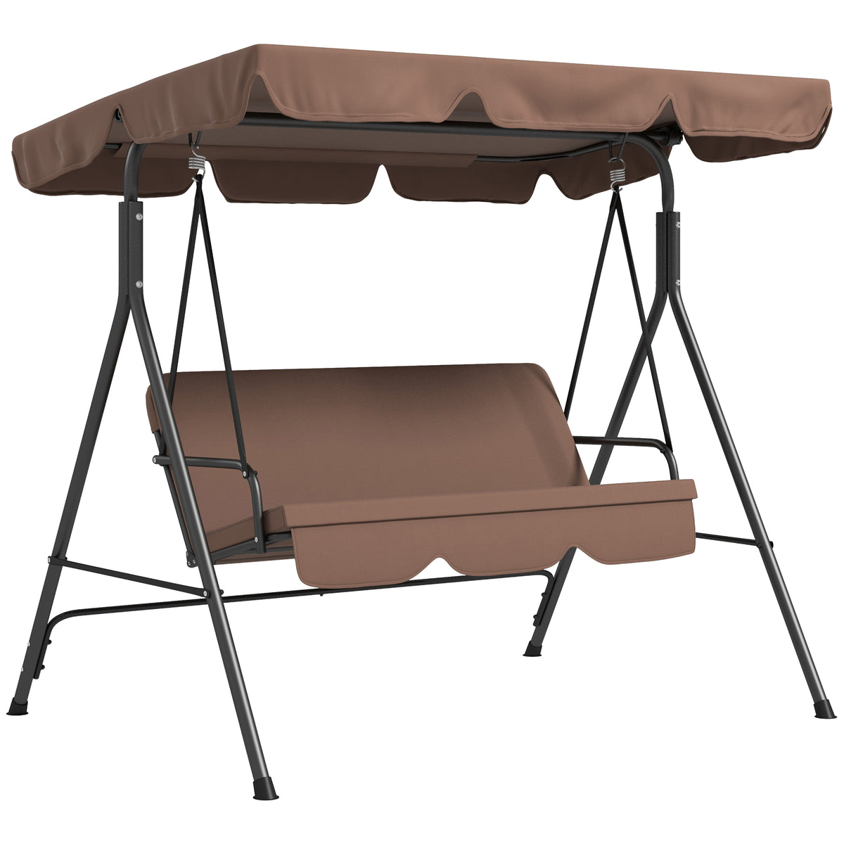 3 Seater Garden Swing Chair, Outdoor Swing Chair with Adjustable Canopy, Mental Frame & Cushions, Brown