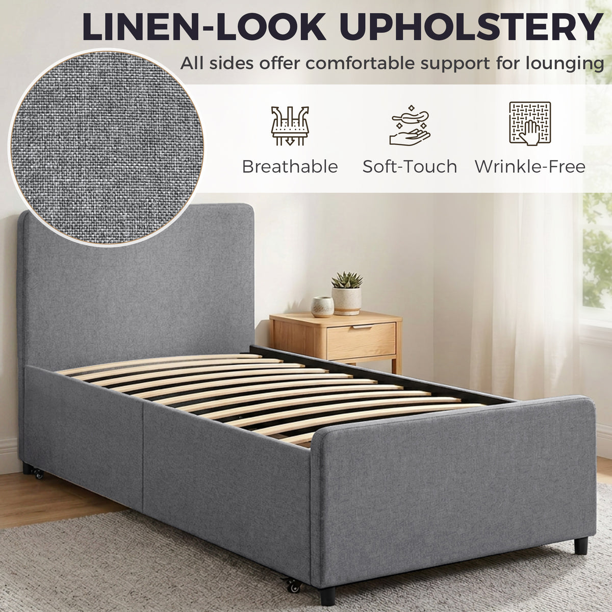 3ft Single Bed Frame with Trundle, Upholstered Pull Out Trundle Bed with Headboard and Footboard