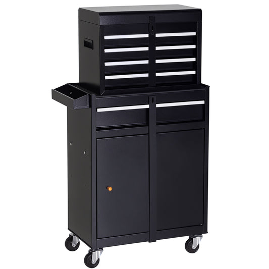 Tool Chest 2 in 1 Metal Tool Cabinet Storage Box with 5 Drawers Pegboard Wheels 60x28x104.5cm Black