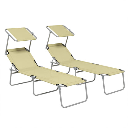 Folding Sun Lounger Set of 2 with Canopy, Reclining Sunbed with 4-Position Adjustable Backrest, 600D Oxford Cloth, Portable Garden Lounger Recliner Chair for Beach, Camping, Patio, Beige