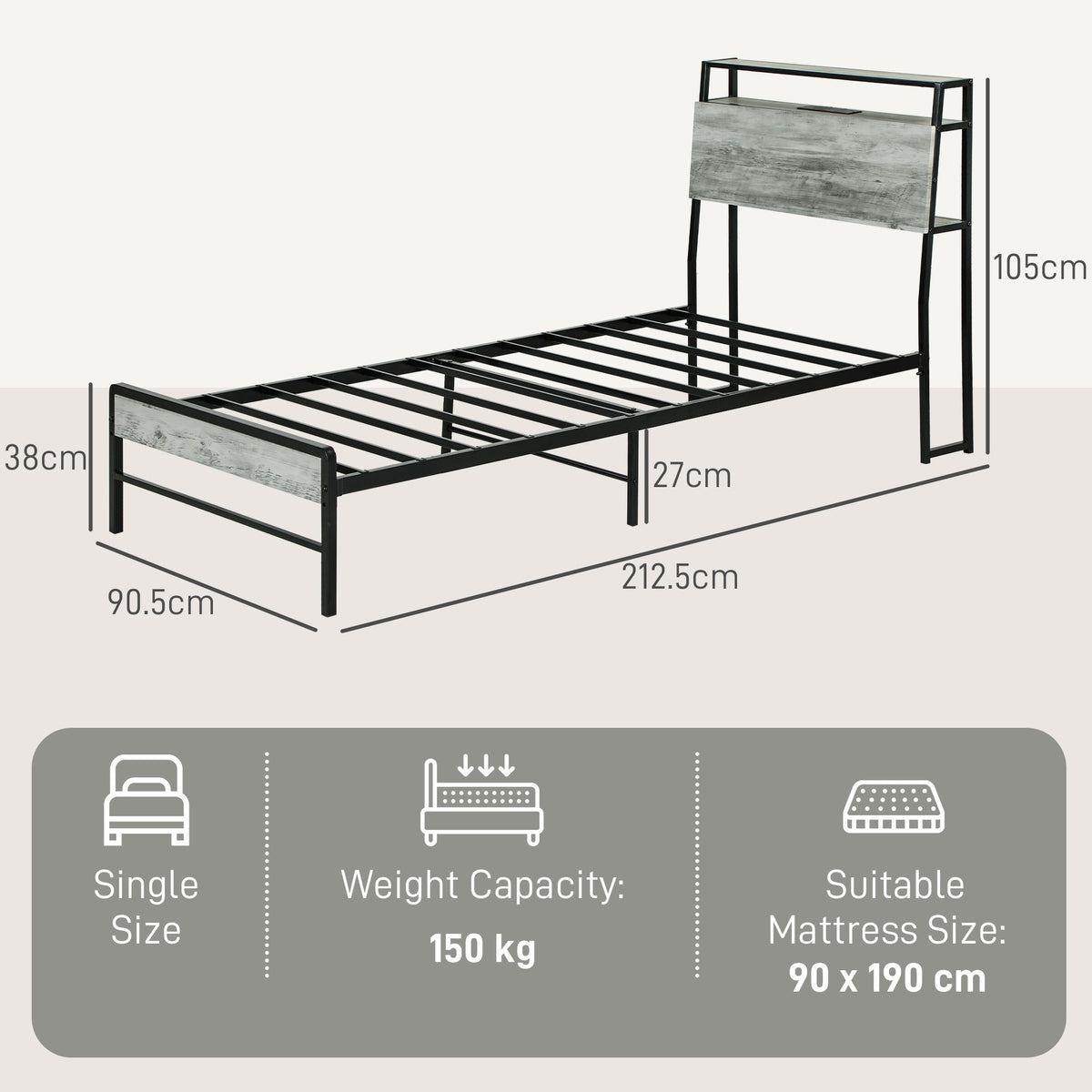 Single Steel Bed Frame, with LED Lights and Shelf - Grey
