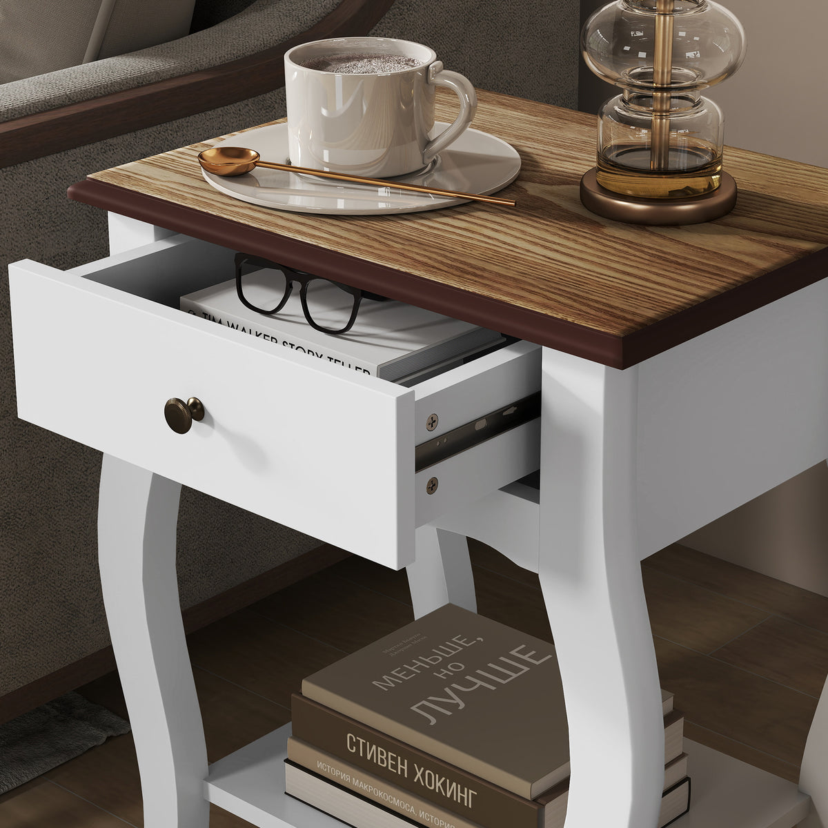 2pcs Bedside Tables with Drawer, French Style Bedside Cabinets with Open Shelf for Bedroom, Living Room, White