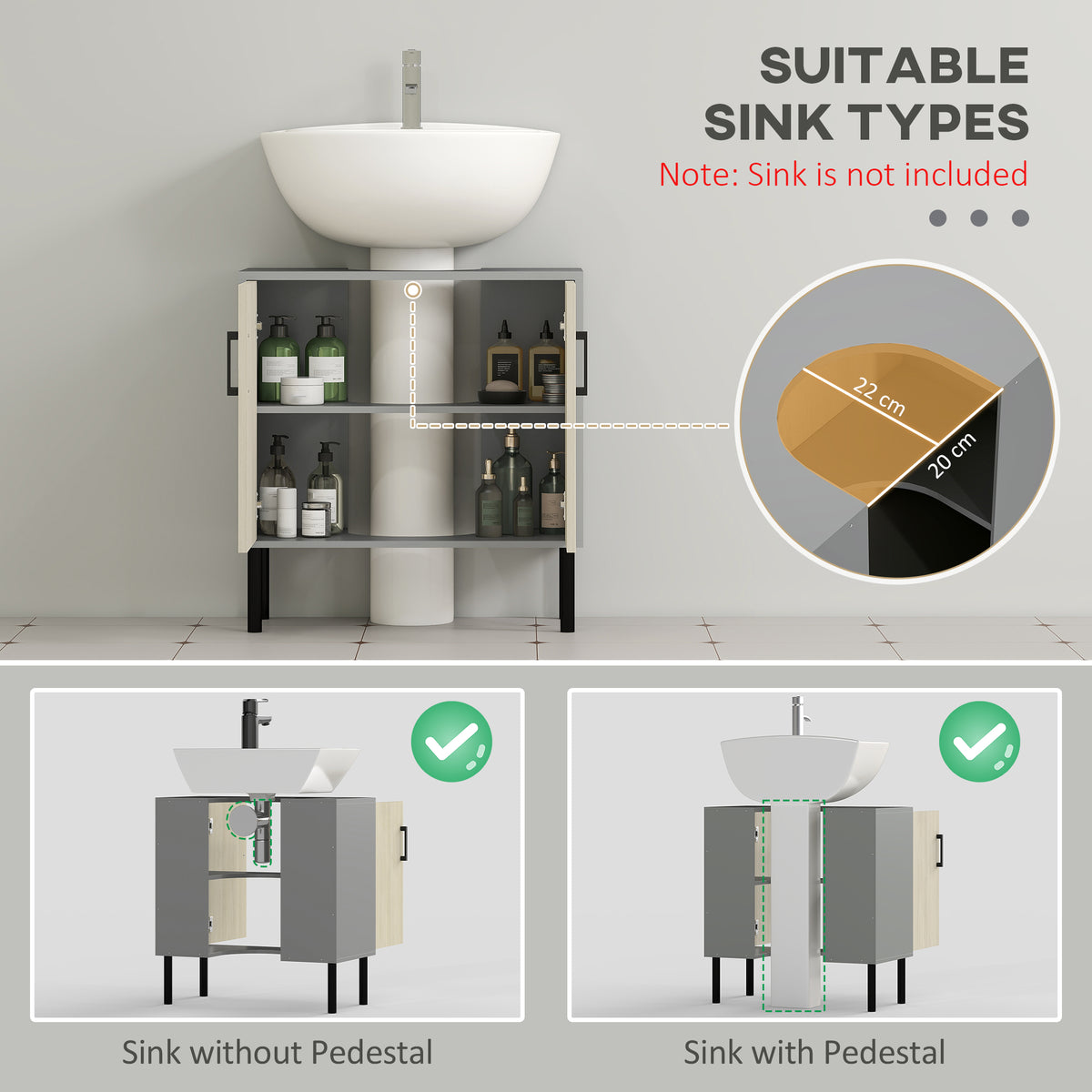 Under Sink Cabinet, Bathroom Vanity Unit, Storage Cupboard with Double Doors and Storage Shelves, 60x30x60cm, Natural