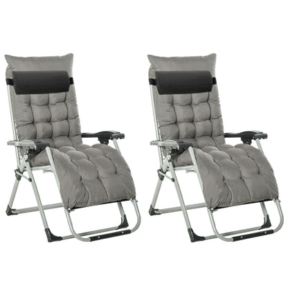 2pc Reclining Zero Gravity Sun Loungers, Folding Chaise Lounge Chair with Cushions