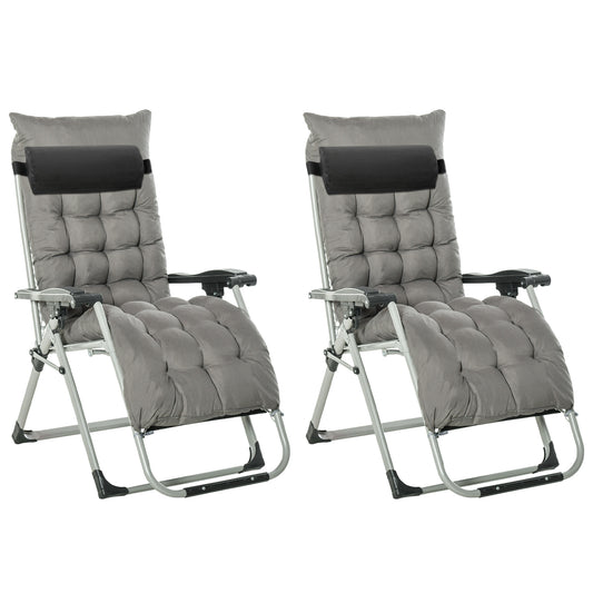 2pc Reclining Zero Gravity Sun Loungers, Folding Chaise Lounge Chair with Cushions