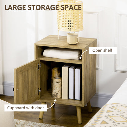 Bedside Table with Rattan Element, Side End Table with Shelf and Cupboard, 39cmx35cmx60cm, Natural