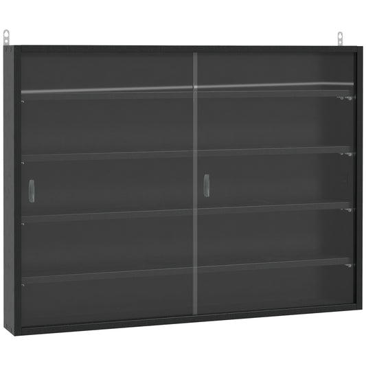 5-Tier Wall Display Shelf Unit Cabinet w/ 4 Adjustable Shelves Glass Doors Home Office Ornaments 60x80cm Black