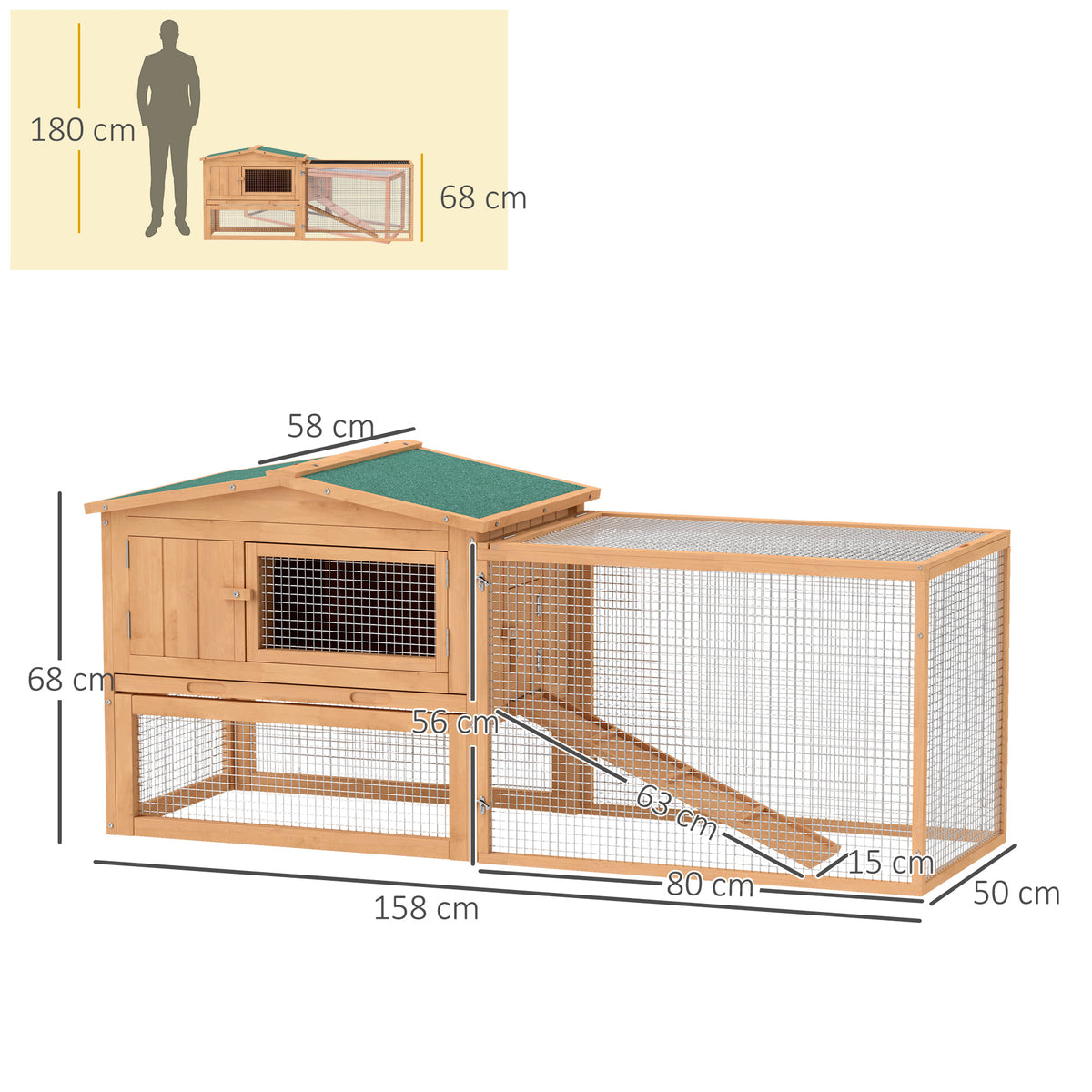 Wooden Rabbit Hutch Guinea Pig hutch House 2 Tier with Rabbit Run for Outdoor Garden Backyard, 85 x 24 x 57cm