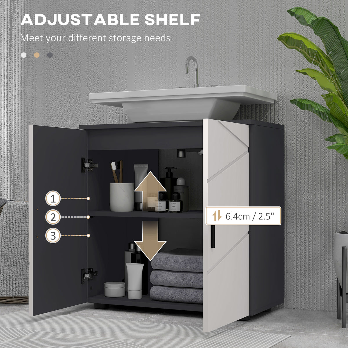 Under Sink Bathroom Cabinet, Bathroom Sink Cabinet with Soft-Close Doors, Adjustable Shelf, 10 x 20cm U Shaped Cut-Out, Storage Cupboard for Basin without Pedestal, Light Grey