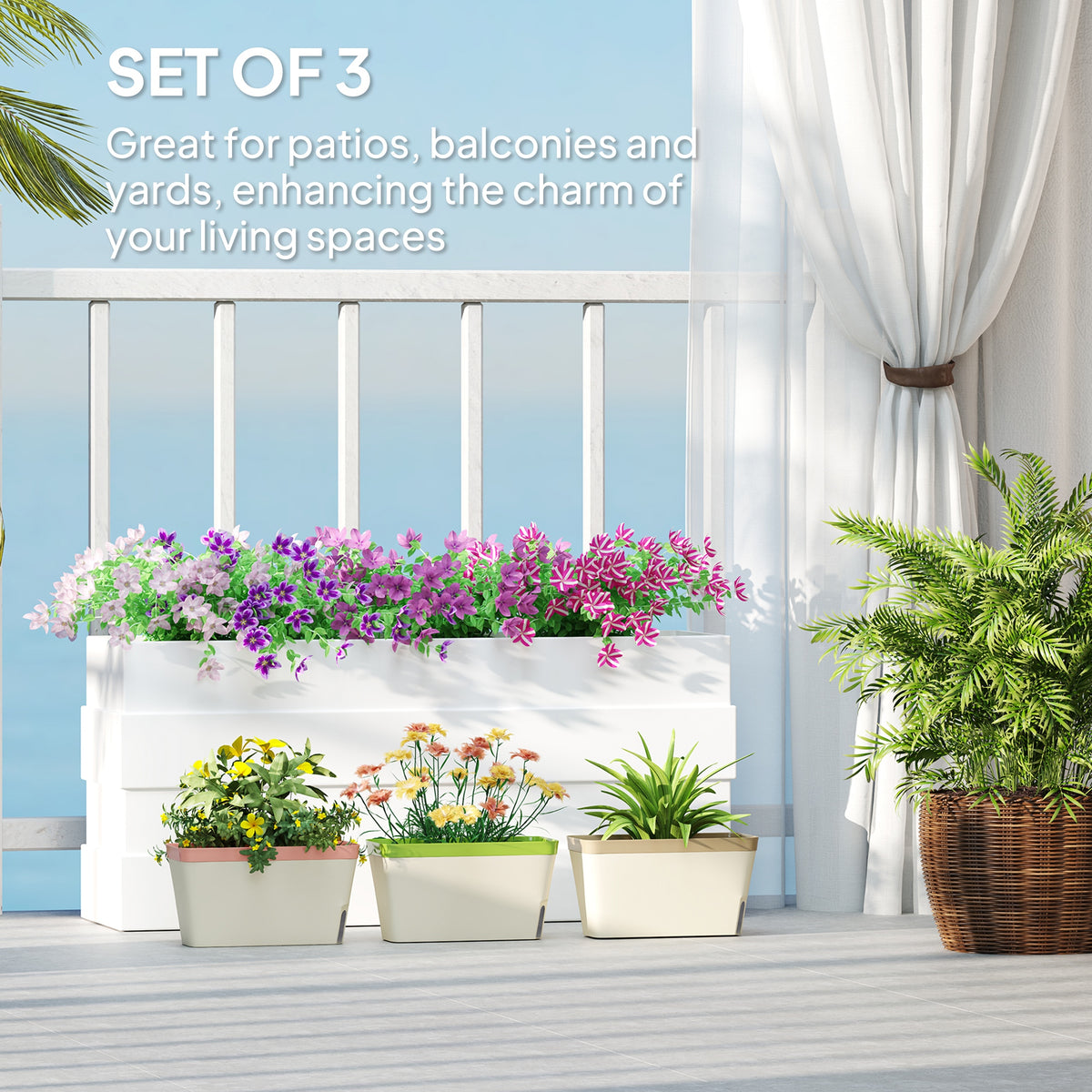 Set of 3 Self Watering Plant Pots Outdoor, 27cm Rectangular Garden Planters with Visual Water Level Window, Plastic Flower Pots for Indoor Outdoor Garden Balcony Windowsil