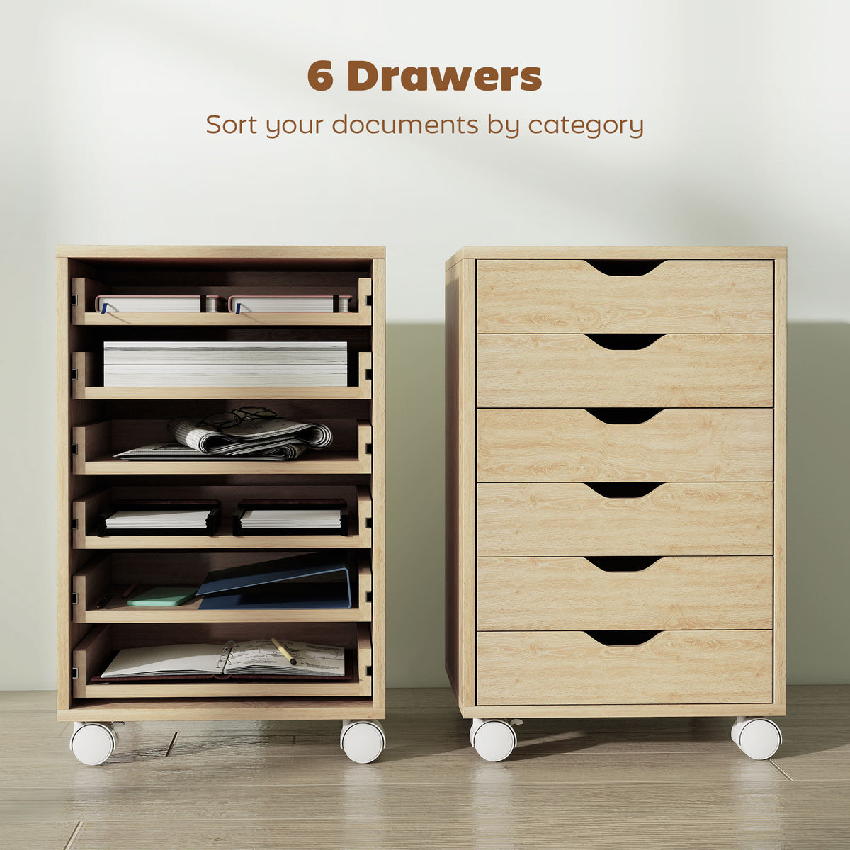 6 Drawer Vertical File Cabinet, Mobile Filing Cabinet with Quiet Drawers and Wheels with 2 Brakes
