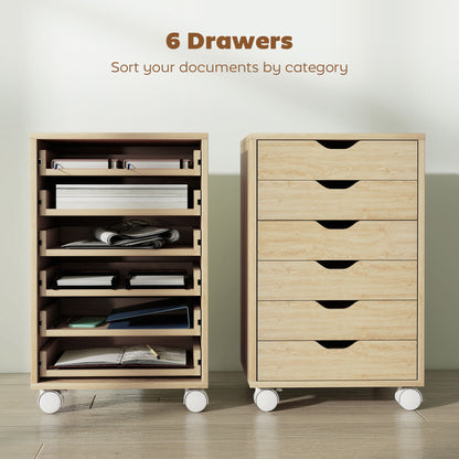 6 Drawer Vertical File Cabinet, Mobile Filing Cabinet with Quiet Drawers and Wheels with 2 Brakes