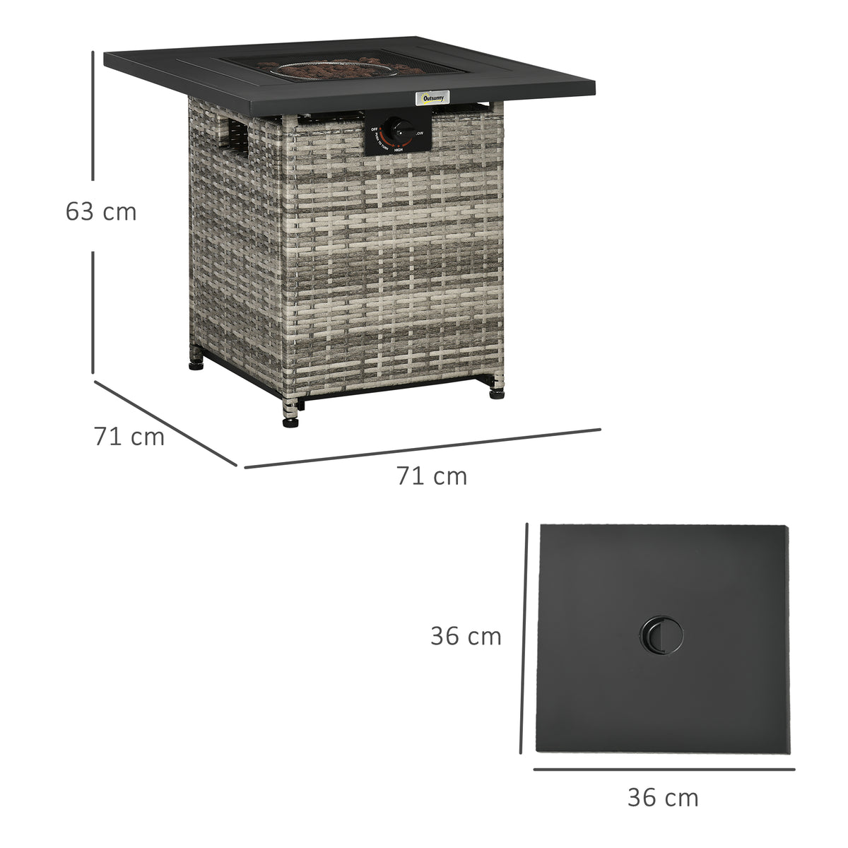 Outdoor PE Rattan Gas Fire Pit Table, Patio Square Propane Heater with Rain Cover, Mesh Lid and Lava Stone, 40, 000 BTU, Mixed Grey