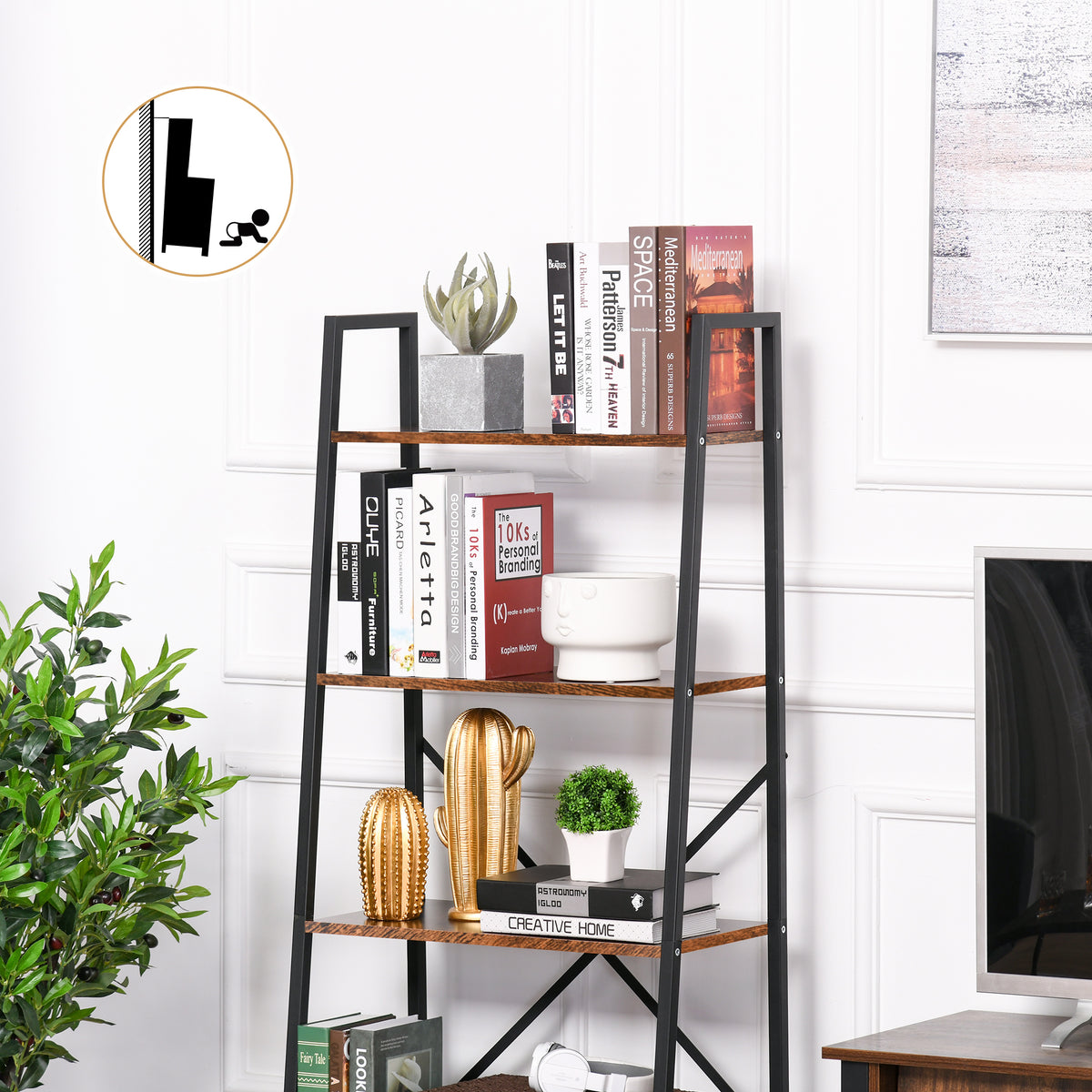 Ladder Shelf, Bookshelf, 4-Tier Industrial Storage Rack for Living Room, Bedroom, Kitchen