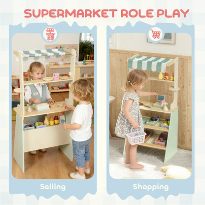Wooden Toy Shop, Wooden Market Stall with Cash Register, Blackboard and Toy Food, 4 Storage Boxes, Ages 3+, Green