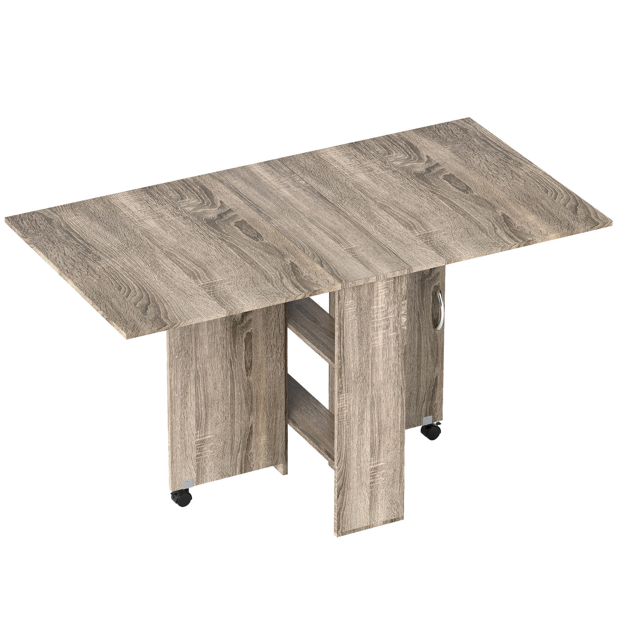 80-140 cm Folding Dining Table for 4-6 People, Drop Leaf Table with 2-Tier Shelves, Rolling Casters, for Small Spaces, Kitchen, Flat, Dining Room, Grey