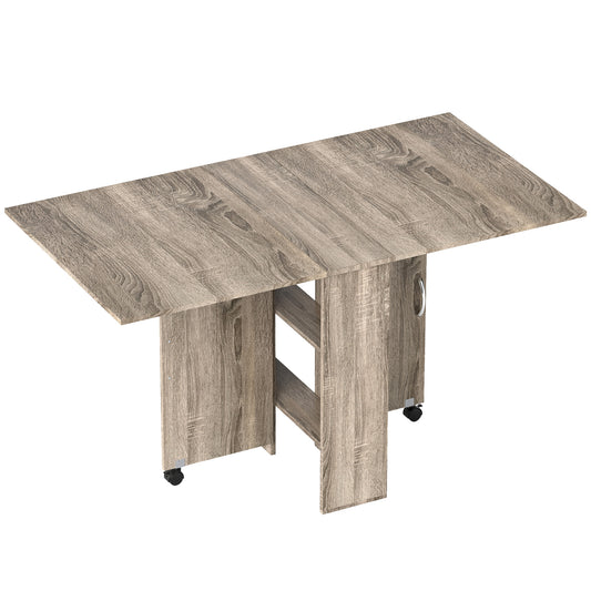 80-140 cm Folding Dining Table for 4-6 People, Drop Leaf Table with 2-Tier Shelves, Rolling Casters, for Small Spaces, Kitchen, Flat, Dining Room, Grey