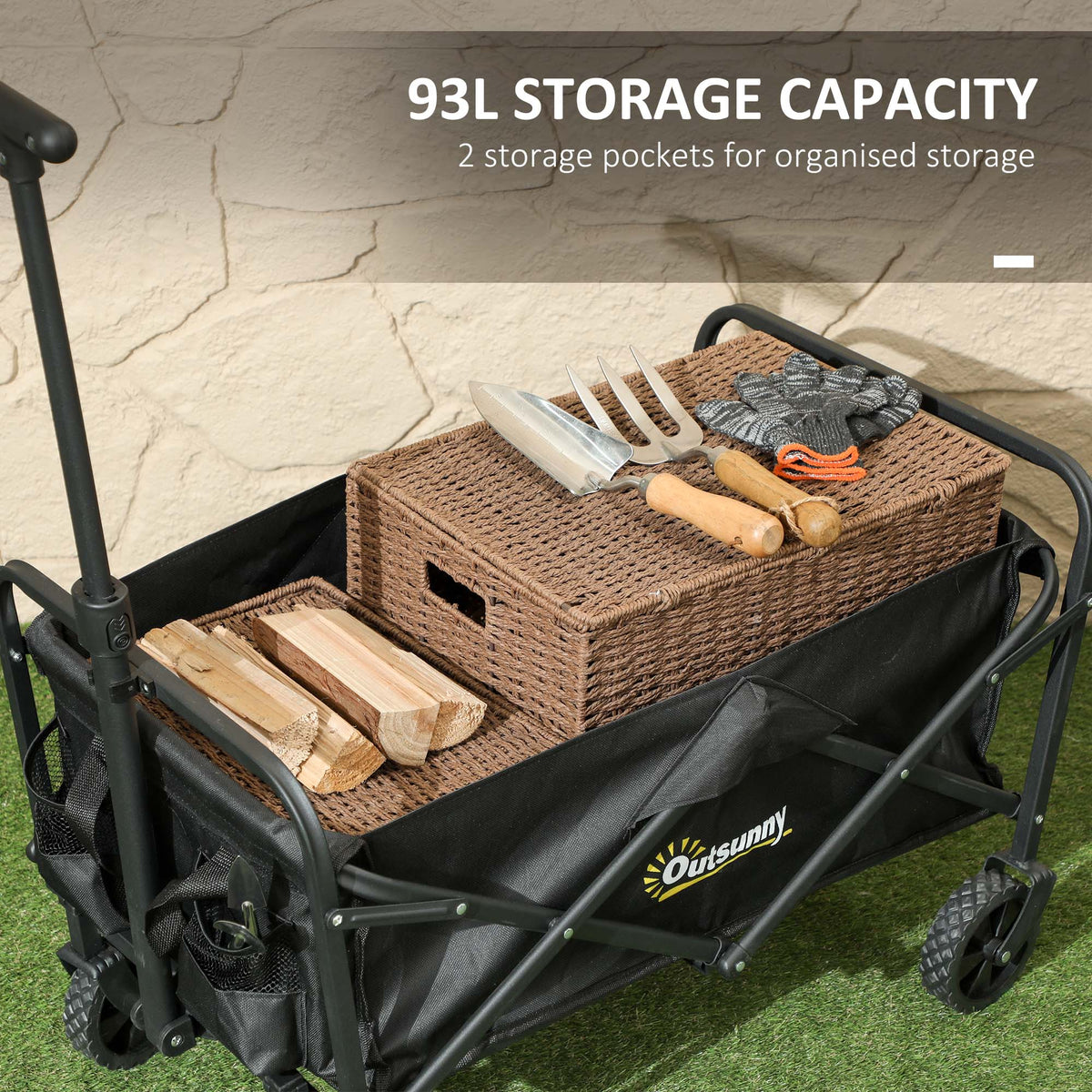 93L Festival Trolley on Wheels, Garden Folding Trolley Cart, 100kg Heavy Duty Collapsible Folding Wagon with Adjustable Handle and Carrying Bag for Beach, Camping, Festival