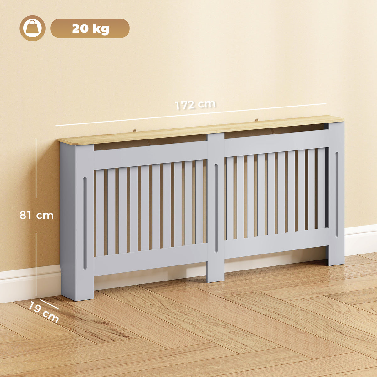 Slatted Radiator Cover, Painted Cabinet with Line Grill Design, 172W × 19D × 81H cm, Grey