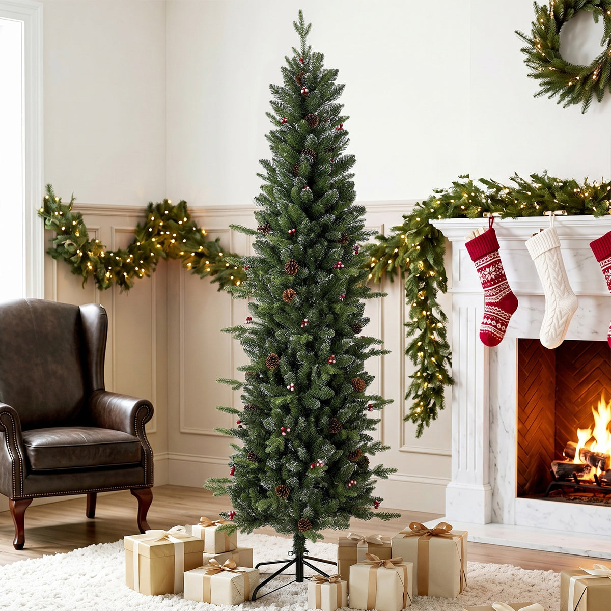Slim Gracious Pine Xmas Tree, 7ft/210cm Artificial Christmas Tree with 904 Branch Tips, Foldable Steel Stand, Green