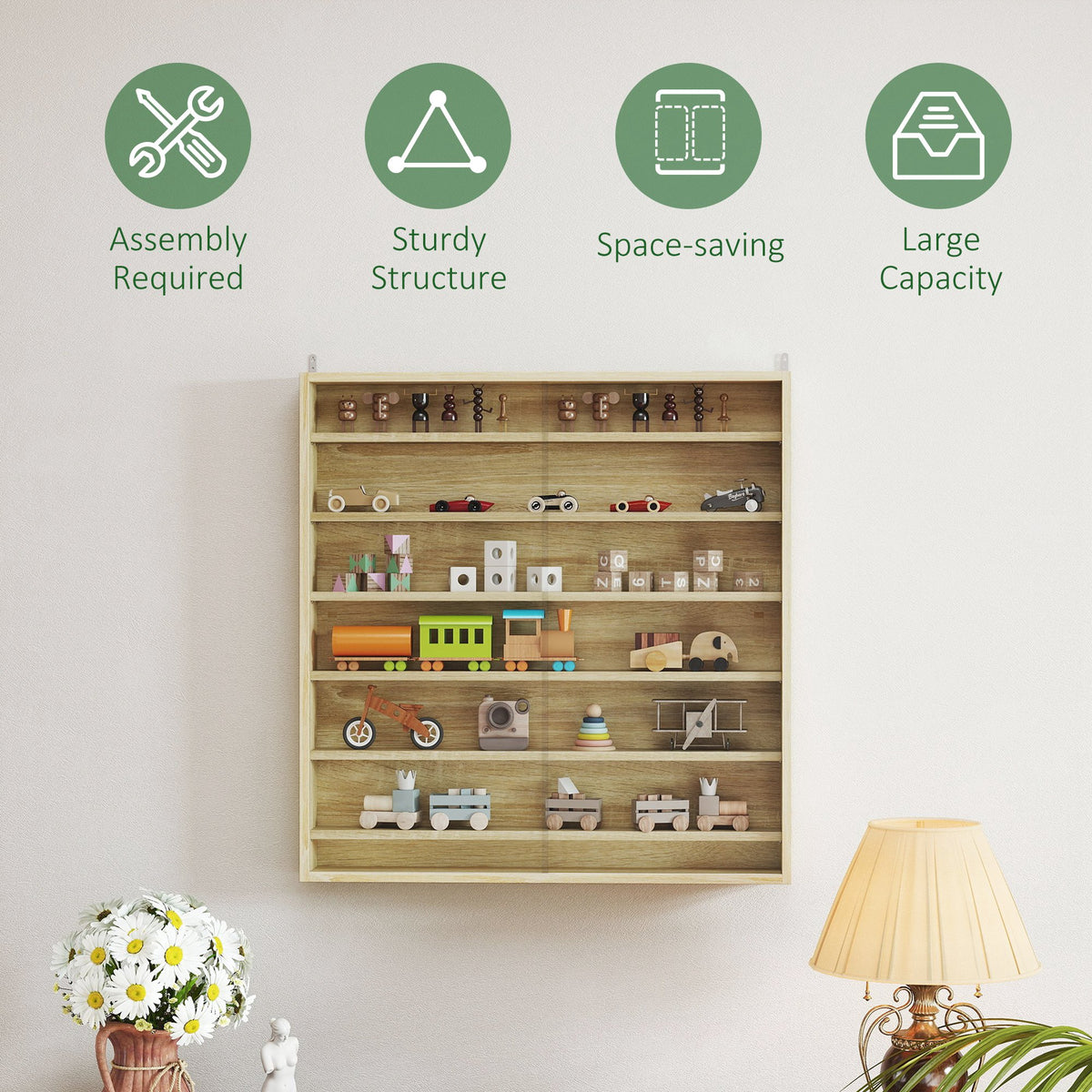 Six Shelf Display Cabinet, with Glass Doors - Oak