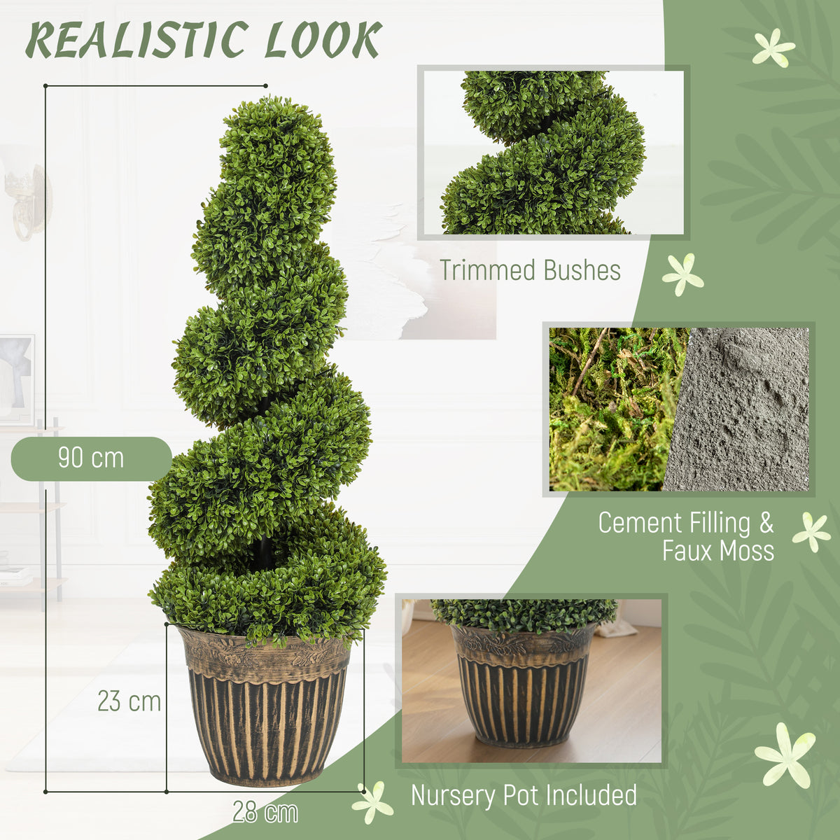 Set of 2 Artificial Plants, Topiary Spiral Boxwood Trees with Pot, for Home Indoor Outdoor Decor, 90cm