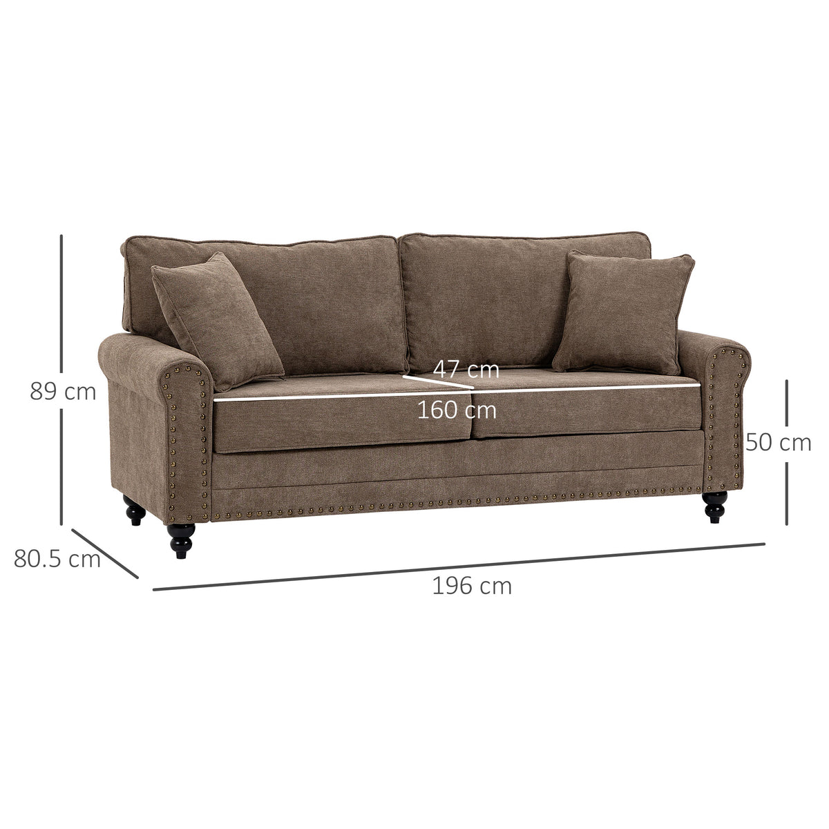 196cm 3 Seater Sofa, Fabric Sofa with Rubber Wood Legs, Nailhead Trim, 2 Pillows, Small Upholstered Couch Settee for Living Room, Guest Room