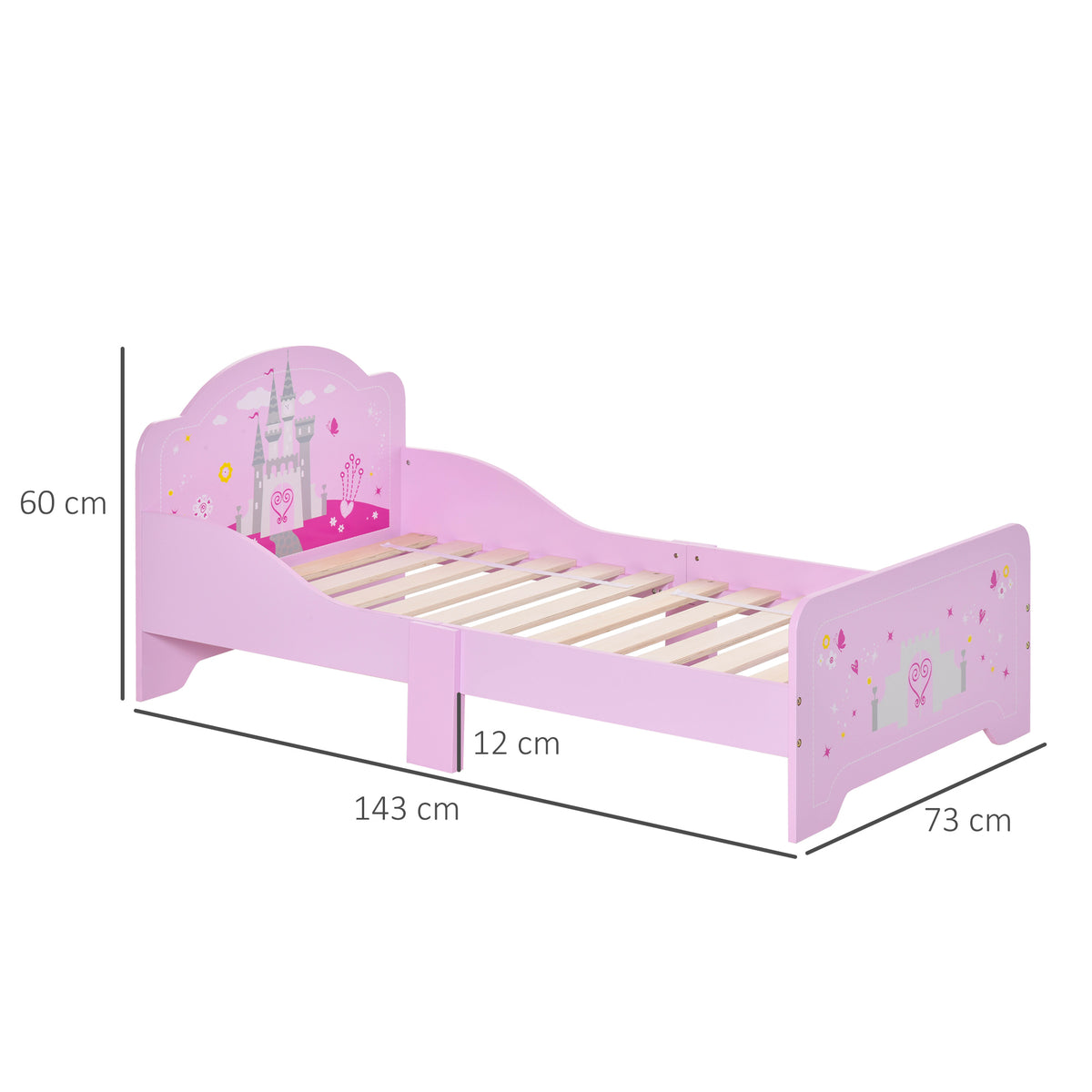 Kids Bed Princess Castle Theme w/ Side Rails Slats Home Furniture for 3 - 6 Yrs Pink 143 x 73 x 60 cm