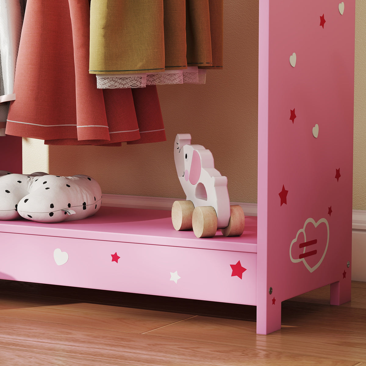 Kids Clothes Rail, Kids Wardrobe with Mirror, Shelves, Fabric Storage and Hooks for Bedroom, Nursery, Pink