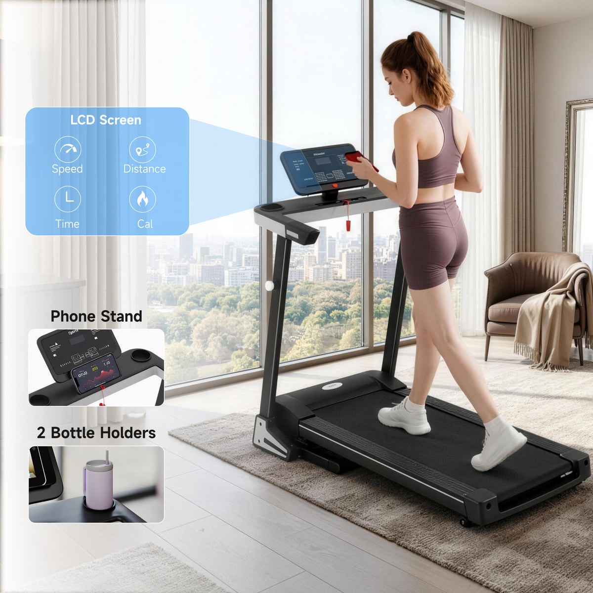 Motorised Folding Treadmill with 500W & LED Screen for Home, Black