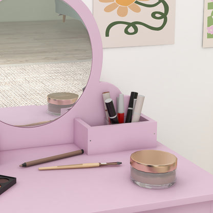 Kids Vanity Table with Mirror, Stool, Drawer, Storage Boxes, Cat Design, for Ages 3-6 Years - Pink