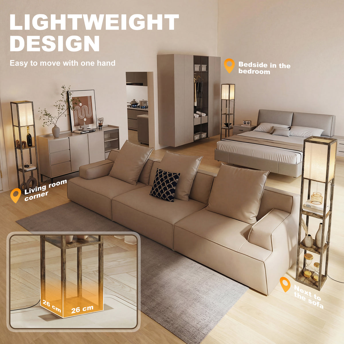 3-Tier Floor Lamp with Shelves and Storage, Modern Corner Standing Lamp with Lampshade, Foot Switch for Living Room, Bedroom, Home Office, Bulb not Included, Brown