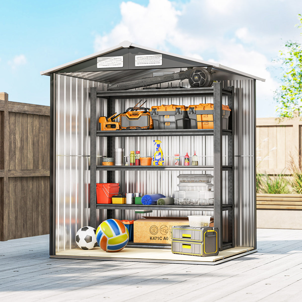 Garden Metal Tool Storage Shed with Sliding Door, Sloped Roof and Foundation Kit, 152 x 132 x 188cm