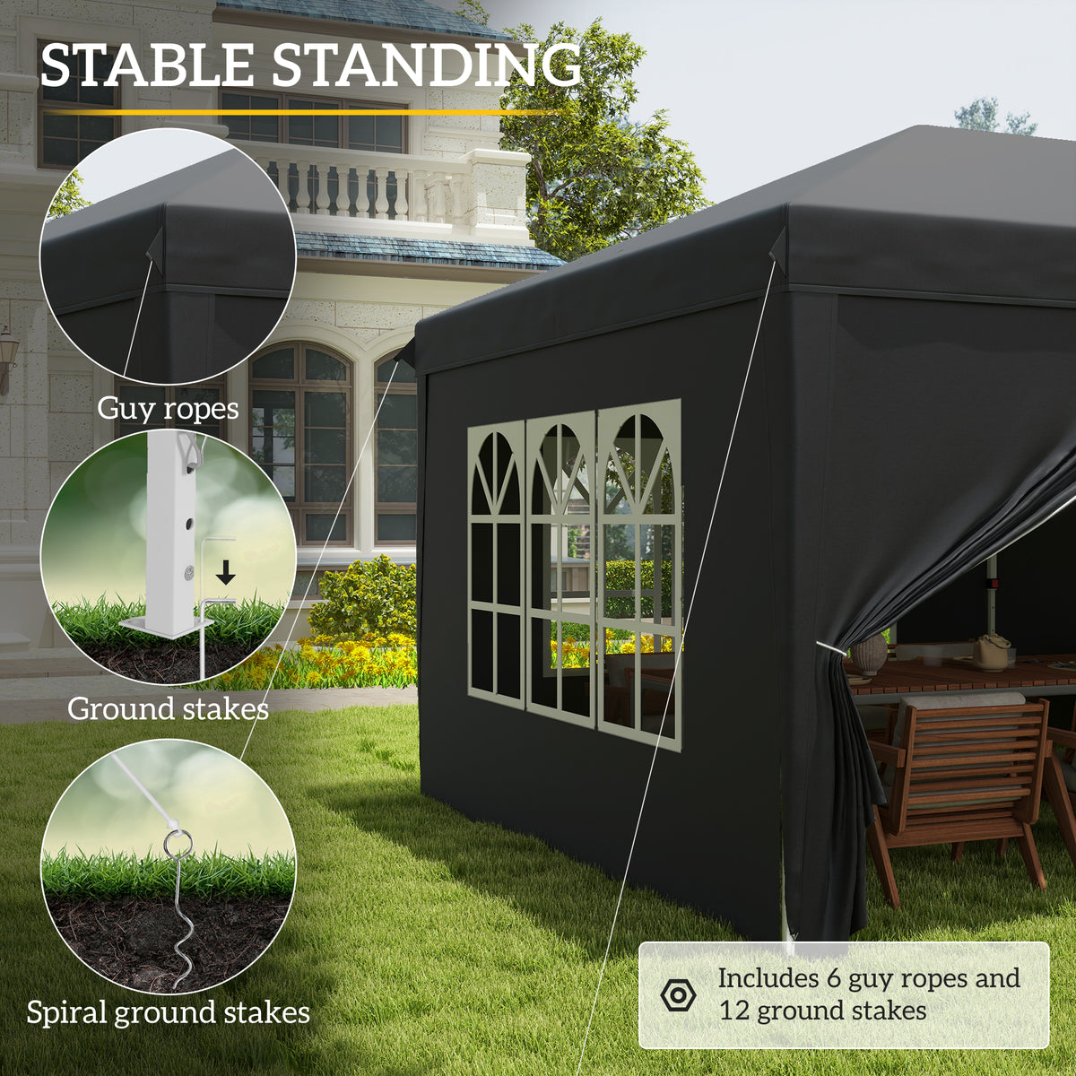 3 x 6 m Pop Up Gazebo with Sides and Windows, Height Adjustable Wedding Camping Party Tent Canopy Marquee with Storage Bag for Garden, Event, Black
