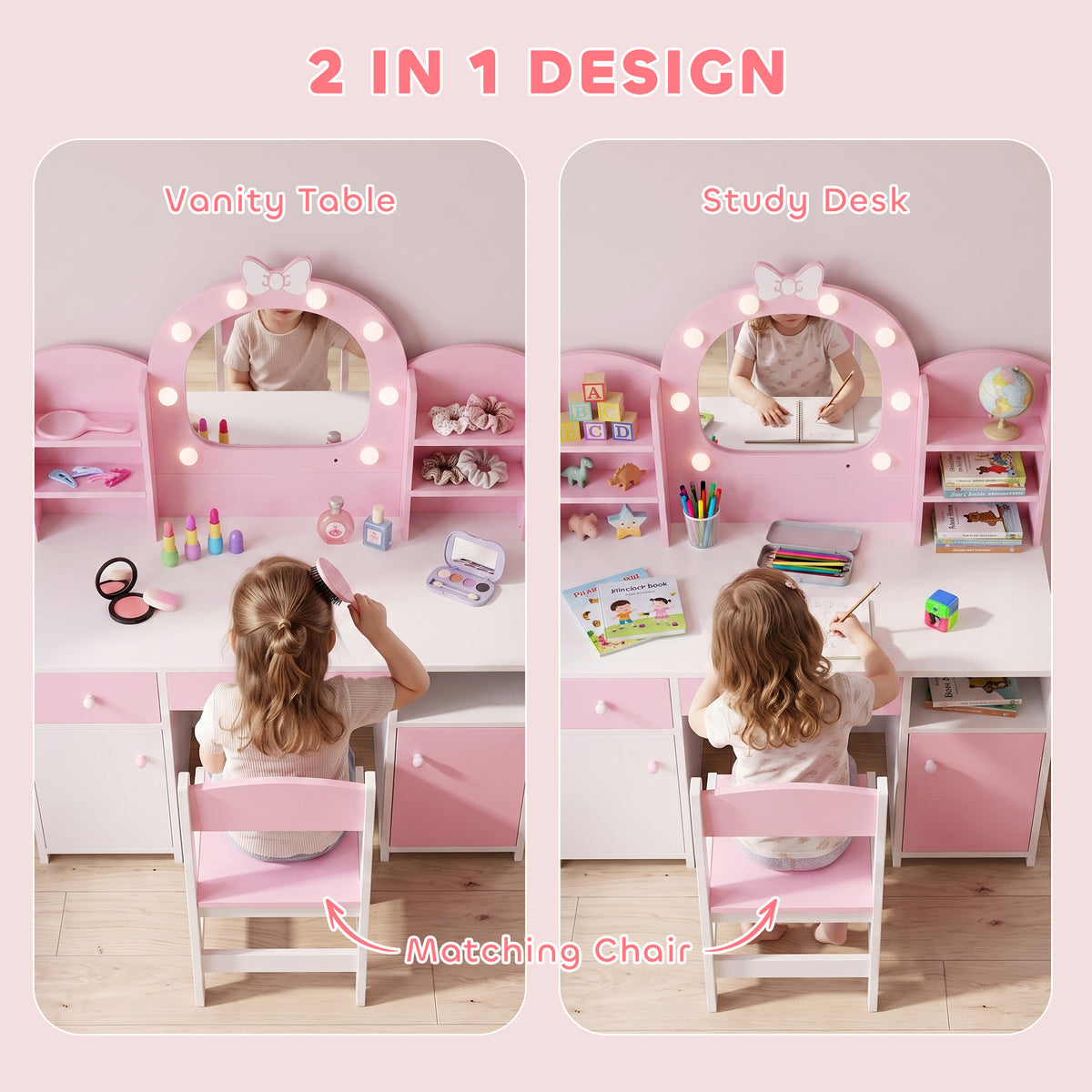 Kids Vanity Set, Kids Dressing Table with Stool, 2-Colour Lights Mirror, Cabinet, Drawer and Shelves, Pink